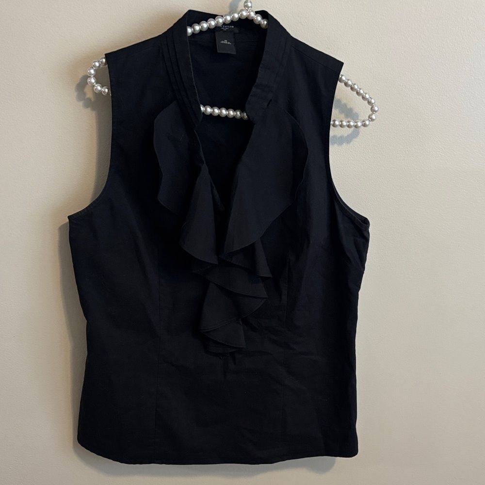 Ann Taylor Black Sleeveless Ruffle Front Blouse size 10